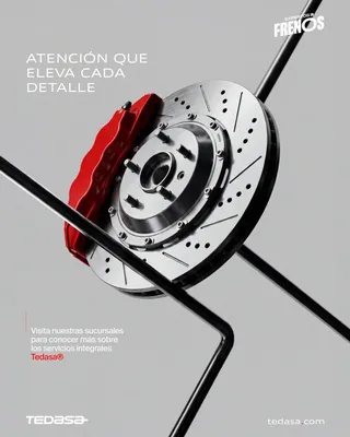 Disco de freno perforado con caliper rojo suspendido entre barras negras sobre fondo gris