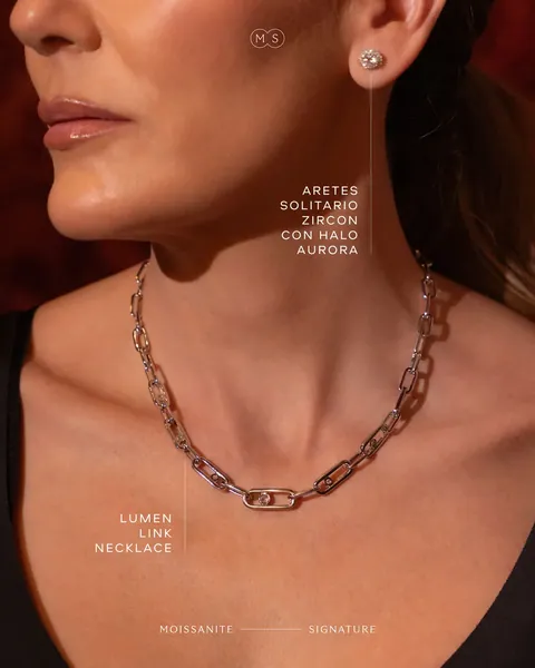 Modelo de perfil con collar de eslabones Lumen Link y aretes solitario, etiquetas de producto sobre la foto