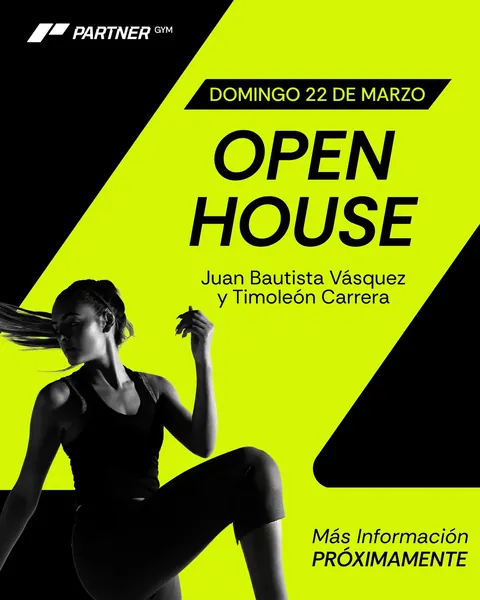 Silueta de una mujer corriendo sobre franja verde neón con el anuncio del Open House del domingo 22 de marzo.