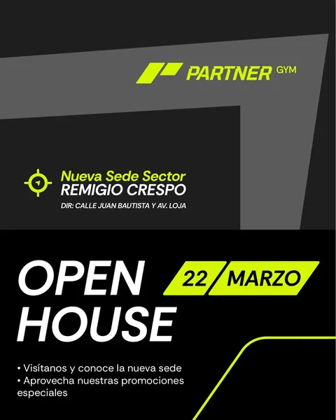 Pieza gris y negra con el anuncio del Open House del 22 de marzo en la nueva sede del sector Remigio Crespo.