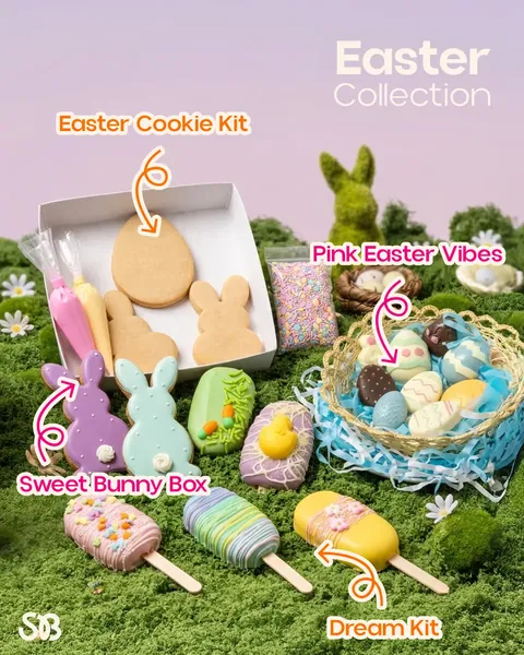 Kit de Pascua de Sweet Bite con galletas de conejo, paletas decoradas y huevos de chocolate sobre musgo con fondo rosa