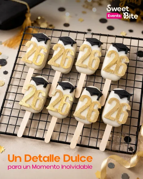 Paletas de graduación blancas con el número 26 dorado y birrete negro sobre rejilla con confeti