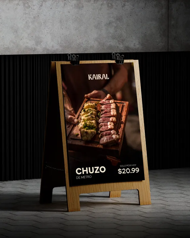 Caballete de menú en la entrada de Kairal anunciando el chuzo de metro a 20.99 dólares