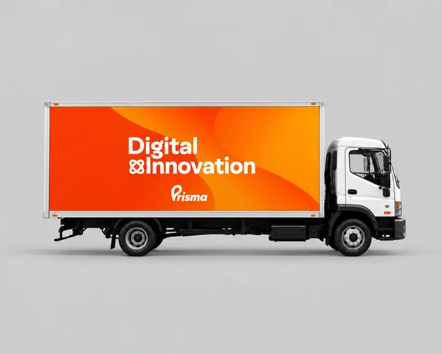Camión blanco con la caja de carga forrada en naranja con el texto Digital Innovation y el logotipo de Prisma.