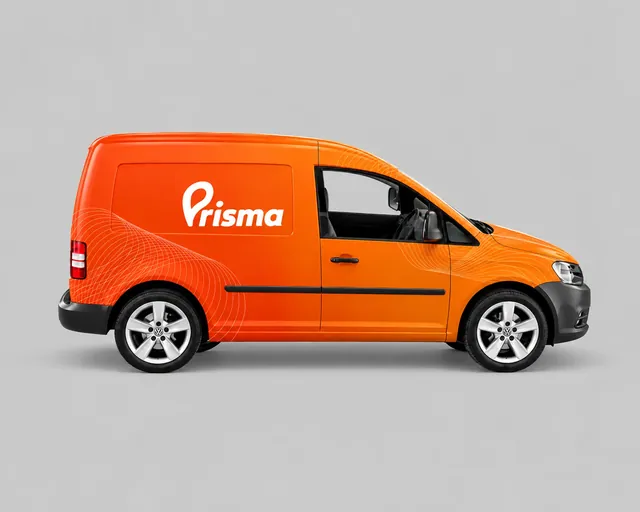 Furgoneta naranja con el logotipo de Prisma en blanco en el costado.