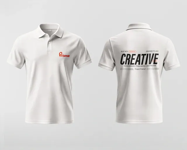 Dos camisetas polo blancas: de frente con el logotipo en el pecho y de espalda con la palabra Creative.