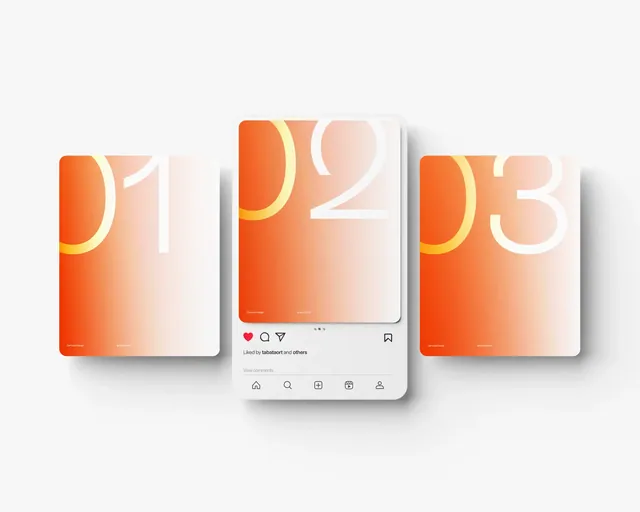 Tres láminas de carrusel naranjas numeradas 01, 02 y 03, la del centro dentro de un post de Instagram.