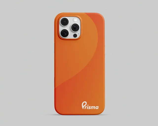 Case naranja para celular con el logotipo de Prisma en blanco.