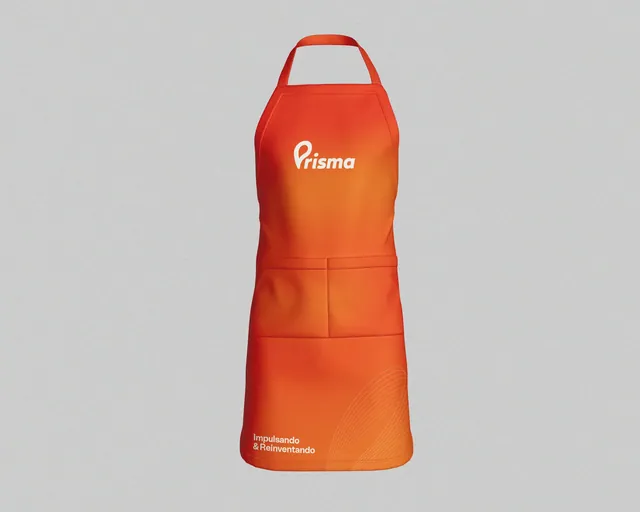 Delantal naranja con el logotipo de Prisma en blanco a la altura del pecho.
