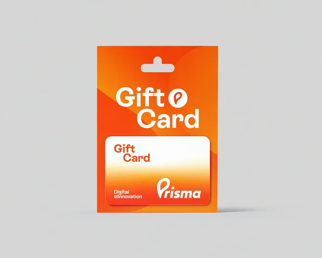 Gift card naranja de Prisma en su empaque colgante.