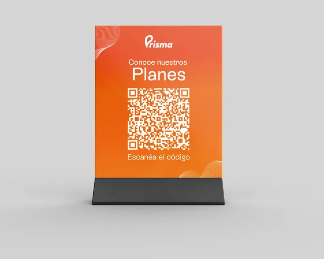 Hablador naranja con el texto Conoce nuestros planes y un código QR.