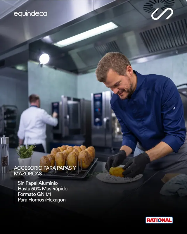 Chef emplatando papas asadas en una cocina profesional, primera pieza de un carrusel de accesorios Rational
