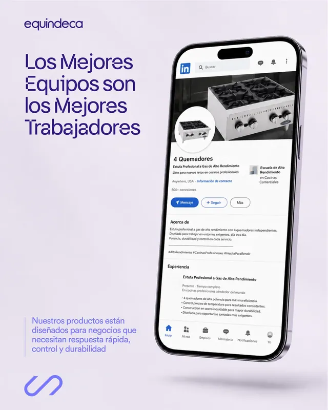 Teléfono con un perfil de LinkedIn ficticio de una estufa a gas de cuatro quemadores, sobre fondo lila con el titular Los Mejores Equipos son los Mejores Trabajadores