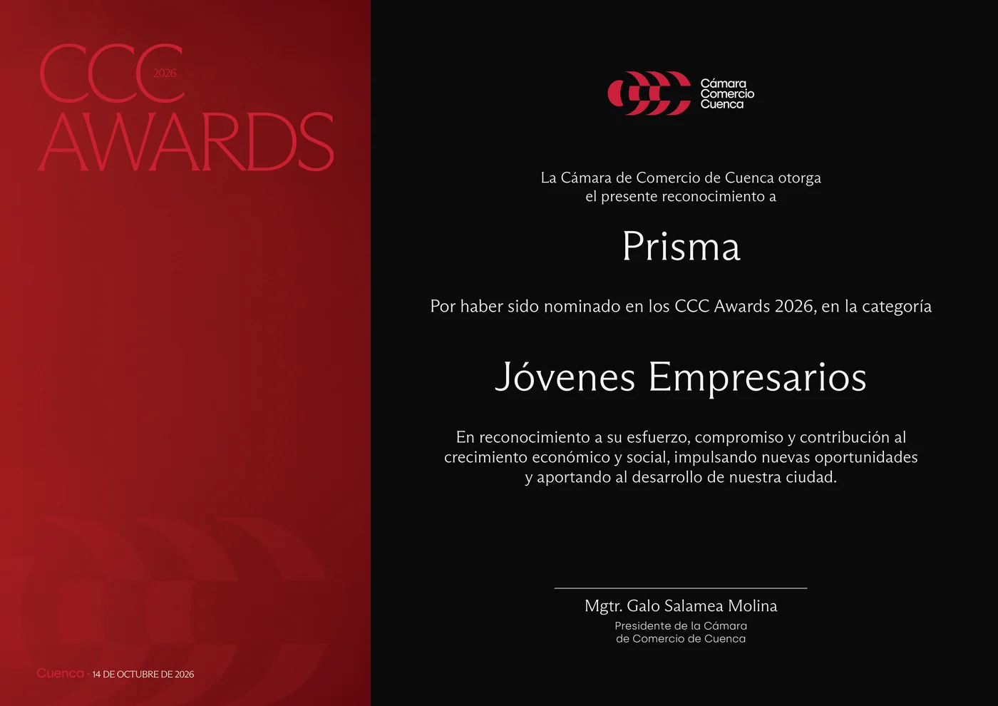 Certificado de nominación de Prisma en los CCC Awards 2026, categoría Jóvenes Empresarios