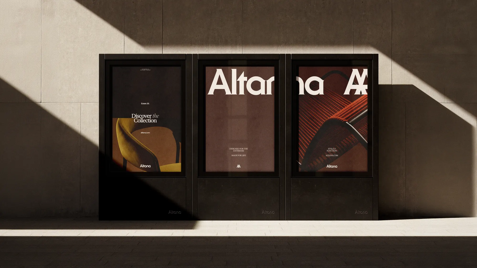 Campaña de vallas exteriores de Altana: wordmark serif, monograma AA y colección de mobiliario