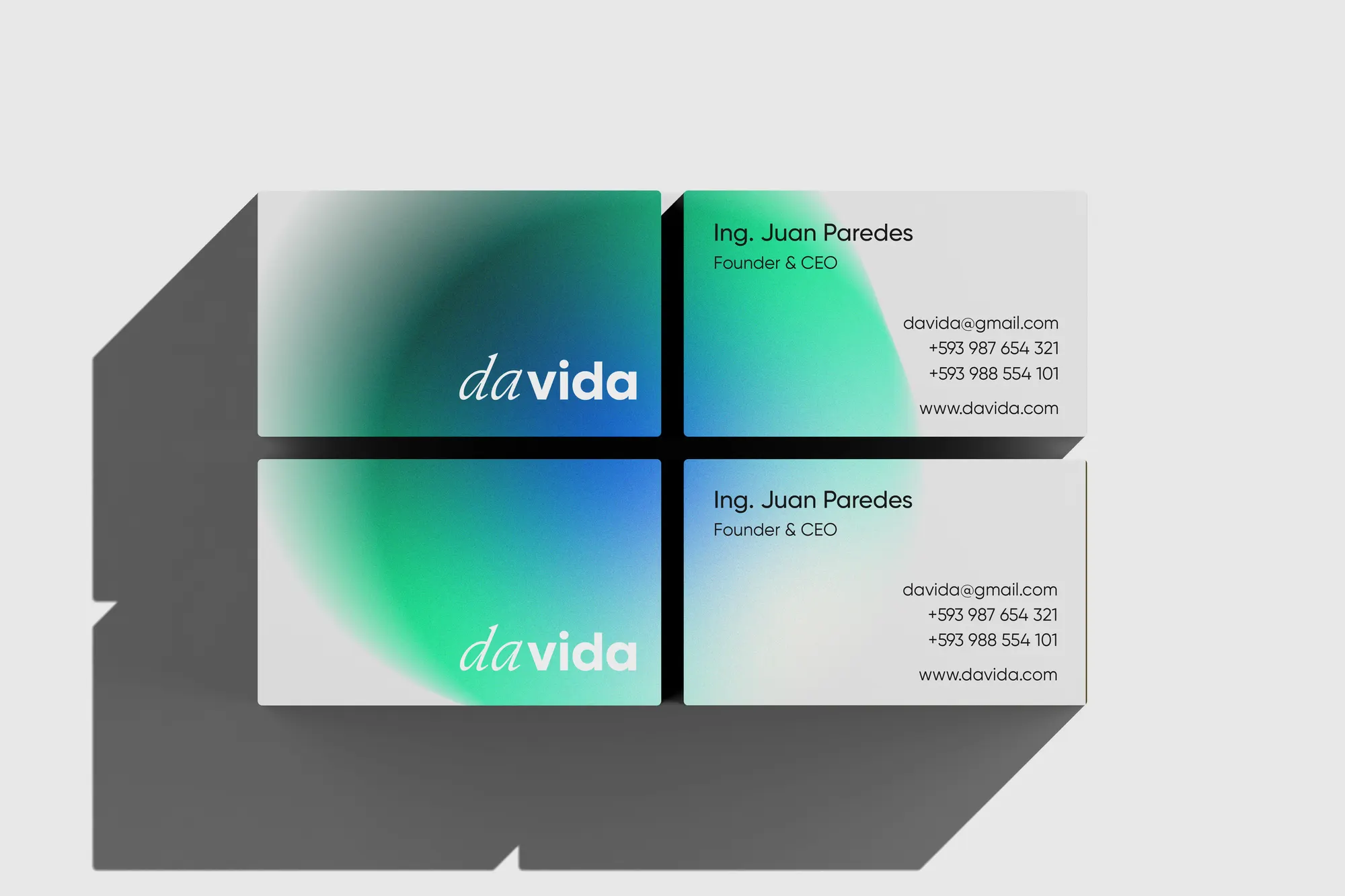 Tarjetas de presentación de Davida con el wordmark da vida en tipografía serif y sans serif sobre un degradado verde-azul