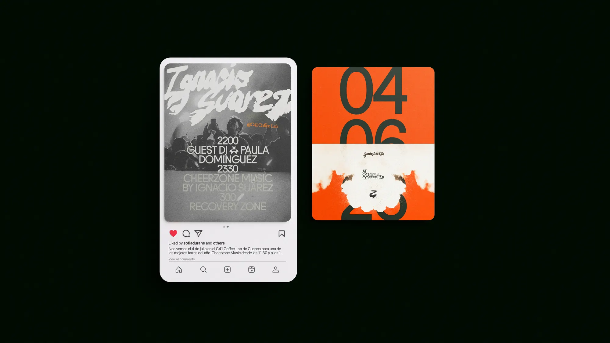 Mockup de publicación de Instagram y tarjeta de evento de Ignacio Suárez, con la firma manuscrita del wordmark y el sistema cromático crema y rojo-anaranjado
