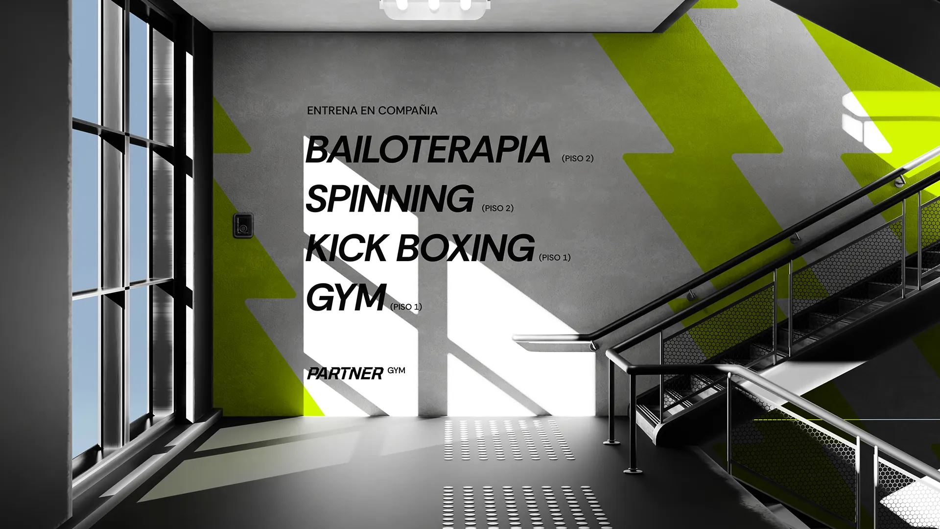 Señalética de Partner Gym en una escalera, anunciando las disciplinas por piso: bailoterapia, spinning y kickboxing gym