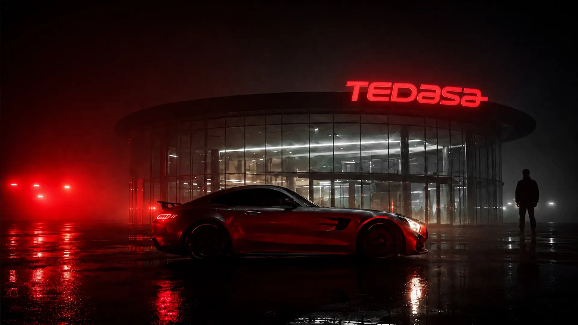 Fachada de un tecnicentro Tedasa de noche, iluminada en rojo, con un auto en primer plano