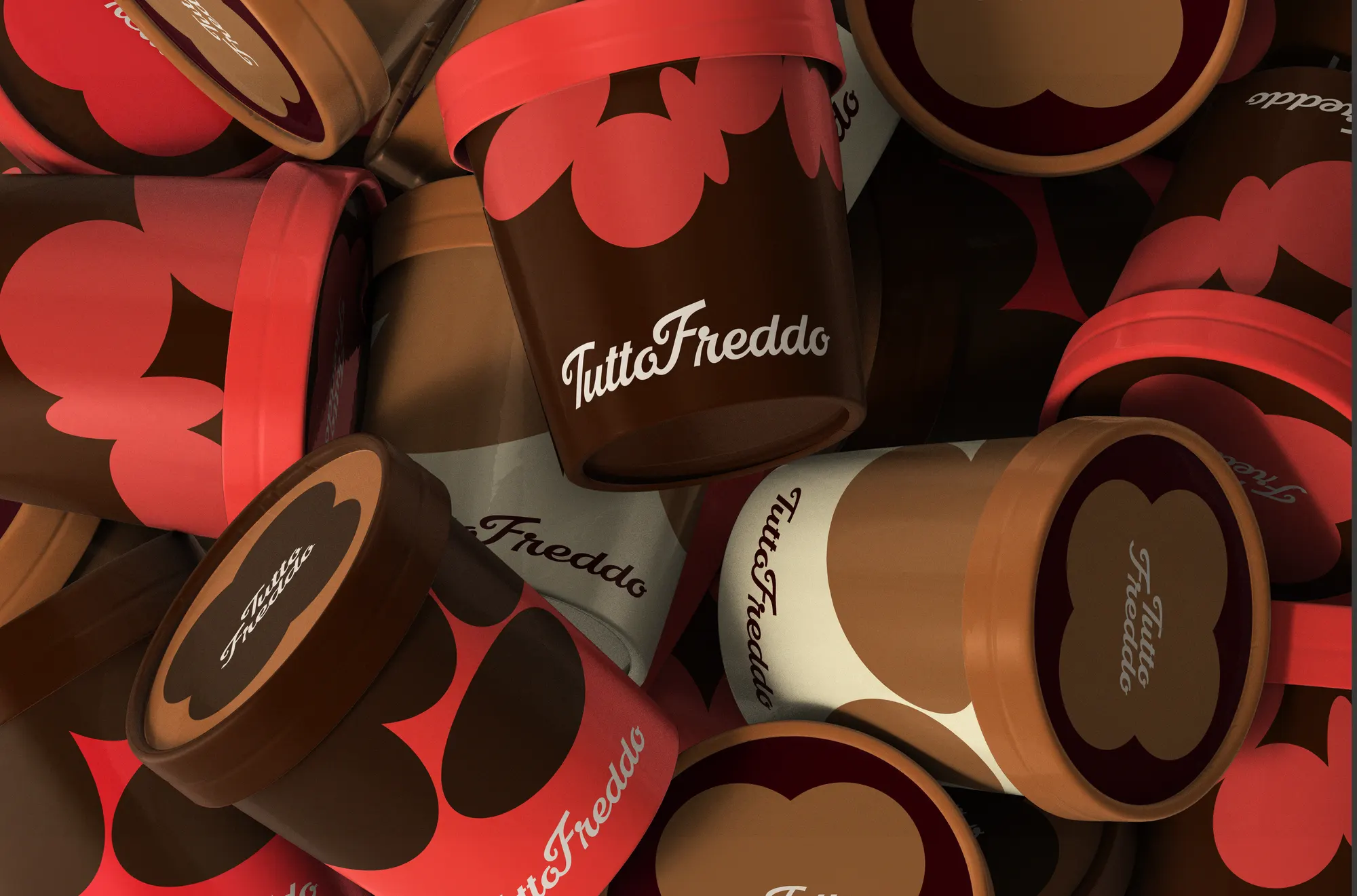 Frascos de Tutto Freddo con el patrón de cinta roja de marca